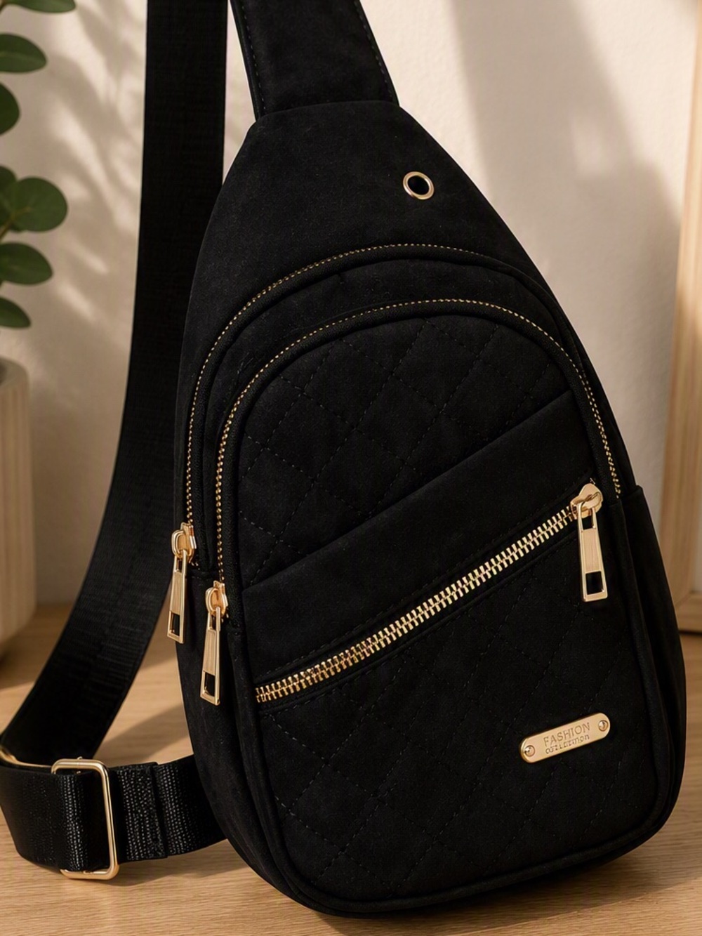 Black Quilted Sling Bag with Gold Hardware